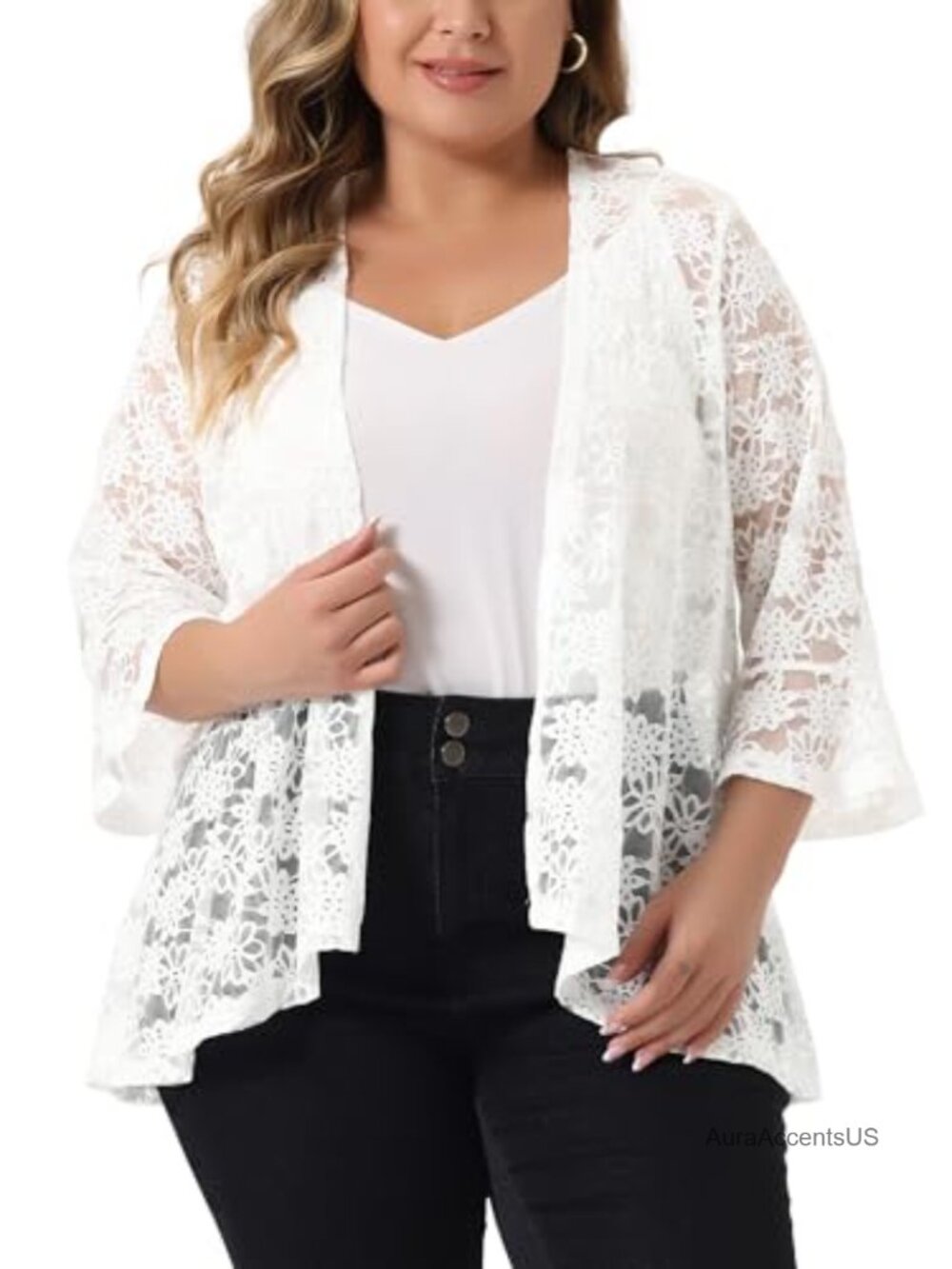 Plus Size Lace Cardigan Open Front 3/4 Bell Sleeve Sheer Bolero Shrug